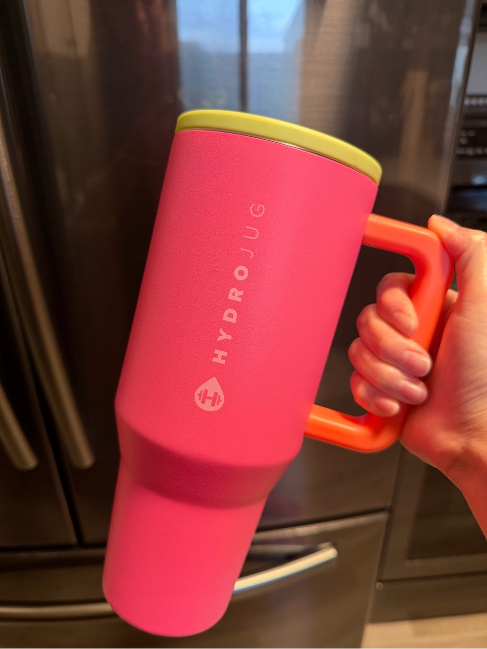 HydroJug Pink Tumbler with Lime Green Lid and Orange Handle